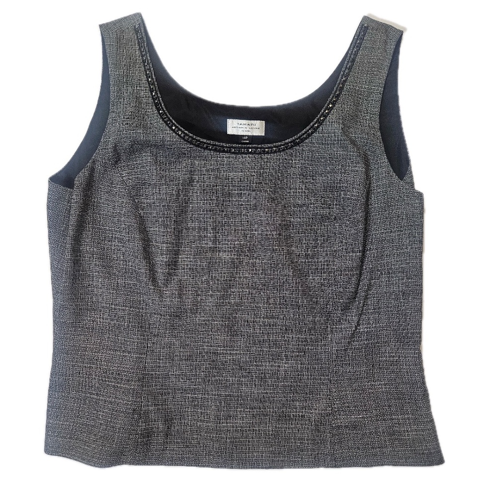 Tahari‎ Arthur S Levine Tank Top Womens 14P Gray Check Beaded Neck Lined Petite